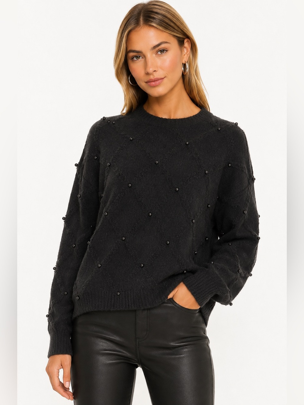 Nanette Lepore Black Beaded Crewneck Sweater